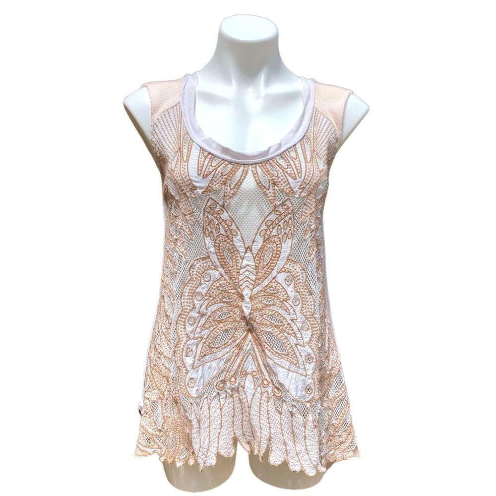 Vintage Free People Butterfly Lace Sleeveless Top White Beige Small Shirt